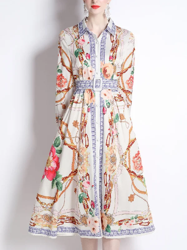Don't Miss White Romantic Flower Print Long Sleeve With Belt Holiday Maxi Dress