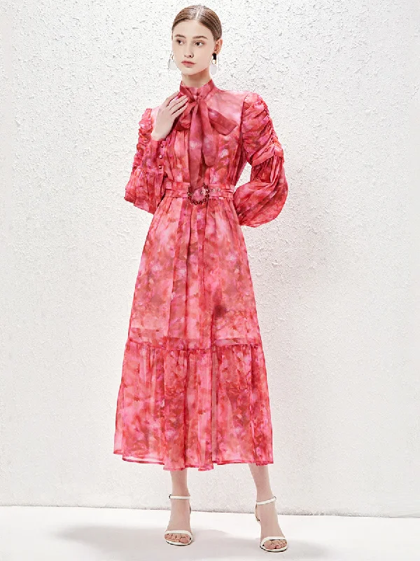 Today's Special Red Bowknot Collar Long Sleeves Pocketed Pleated Boho Dress with Belt