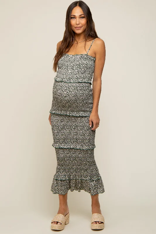 Extra Discounts Forest Green Floral Smocked Ruffle Tier Maternity Midi Dress