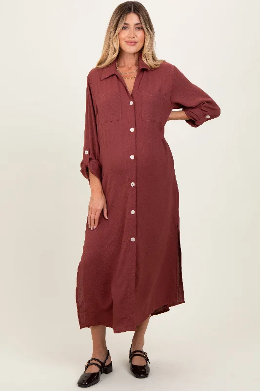 Price Buster Rust Long Sleeve Button Down Maternity Maxi Dress