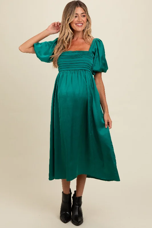 Act Fast Emerald Green Satin Pleated Bodice Puff Sleeve Maternity Midi Dress