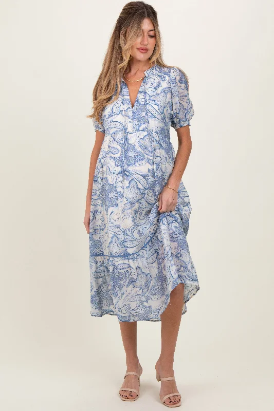 Customer Appreciation Sale Blue Paisley Front Tie Ruffle Trim Maternity Midi Dress