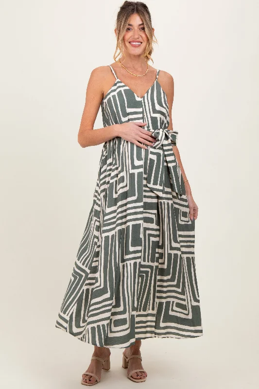 Super Savings Light Olive Geometric Print Sash Tie Maternity Maxi Dress