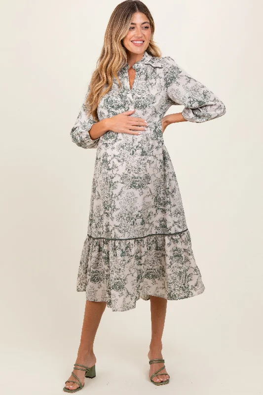 Savings Galore Forest Green Printed Split Ruffle Collar Maternity Midi Dress