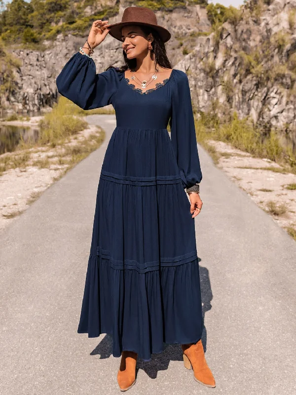 Online Exclusive Long Sleeve Lace Trim Maxi Dress