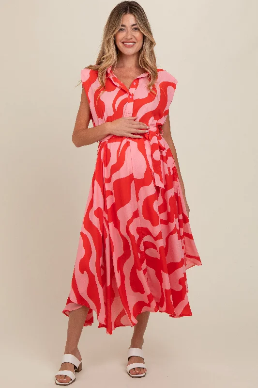 Early Access Red Abstract Print Collared Belted Maternity Dress