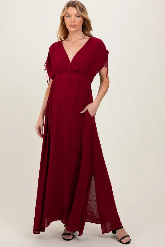 Markdown Madness Burgundy V-Neck Drawstring Short Sleeve Side Slit Maternity Maxi Dress