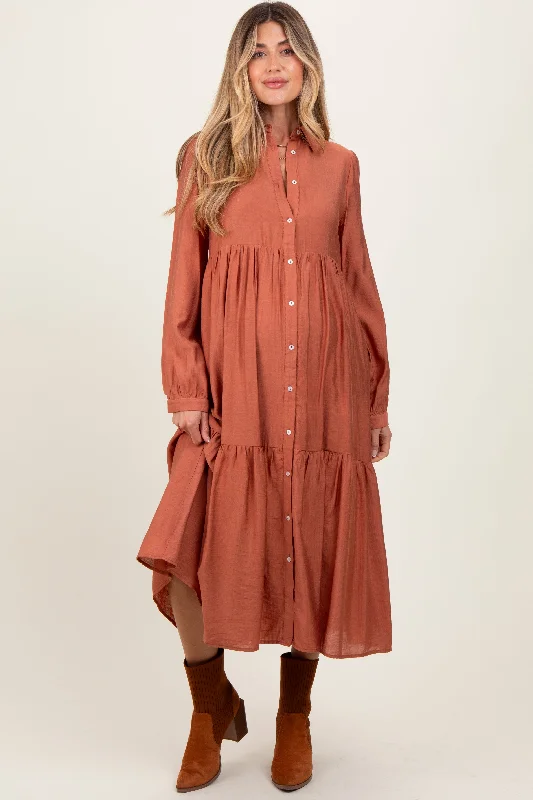 Friends and Family Sale Rust Button Down Long Sleeve Maternity Midi Shirt Dress