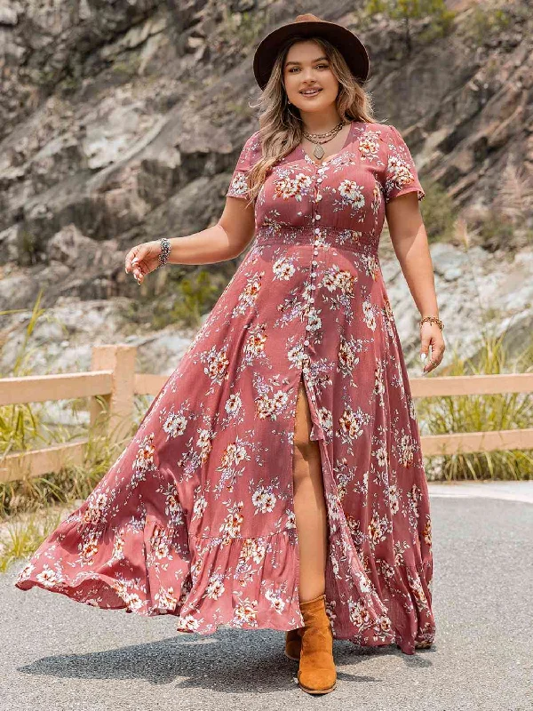 Amazing Deals Plus Size Floral Ruffle Beach Maxi Dress