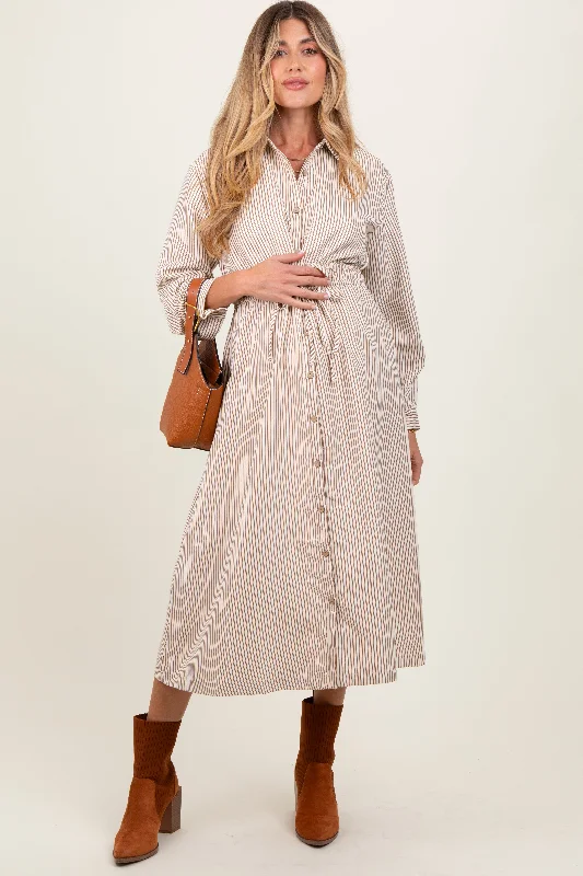 Price Blitz Mocha Striped Sash Tie Maternity Midi Shirt Dress
