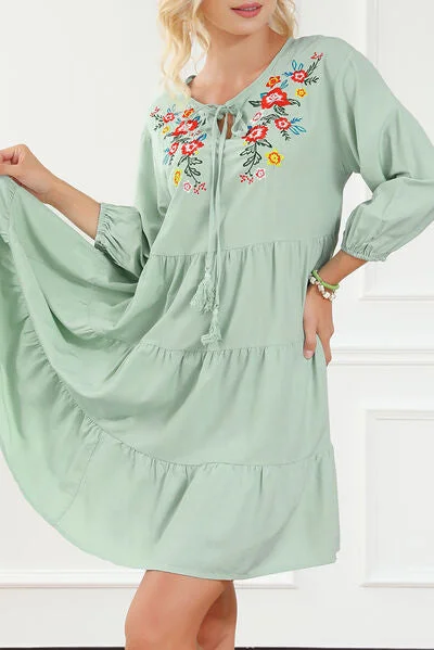 Savings Alert Embroidered Tie Neck Dropped Shoulder Mini Dress
