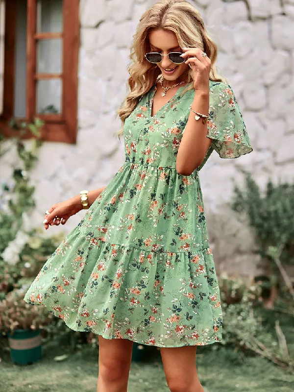 Weekend Deal Floral Print V Neck Short Sleeve Bohemia Holiday Mini Dress For Women