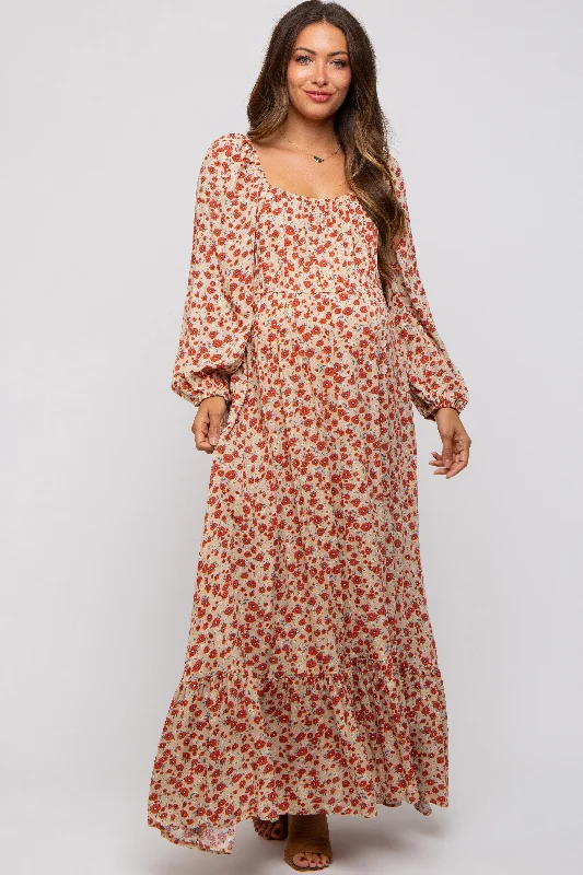 Sneak Peek Sale Beige Floral Square Neck Ruffle Maternity Maxi Dress