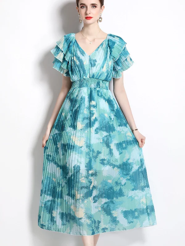 Deal of the Day Petal Short Sleeves V Neck High Waist Skirt Beach Boho Dress