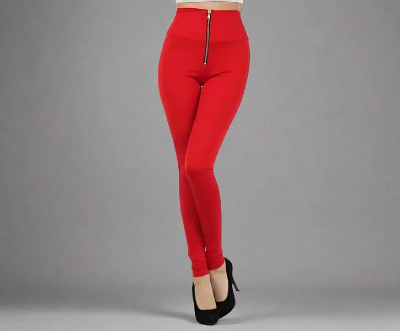 Seasonal Clearance Red High Waist Front Zipper Leggings