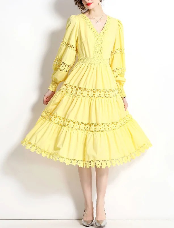 Referral Discount Yellow V Neck Lace Bohemia Holiday Dress For Women