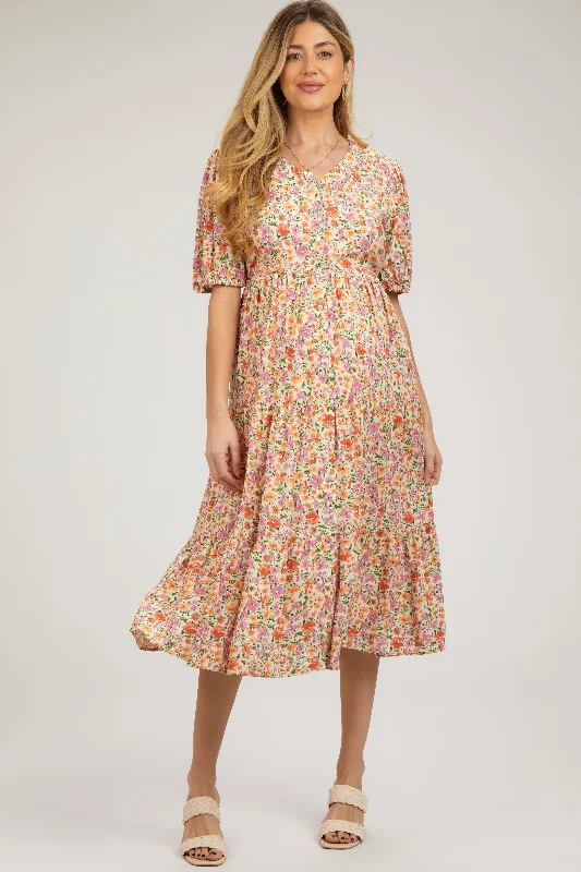 Don't Wait Ivory Floral Button Front Ruffle Hem Maternity Midi Dress