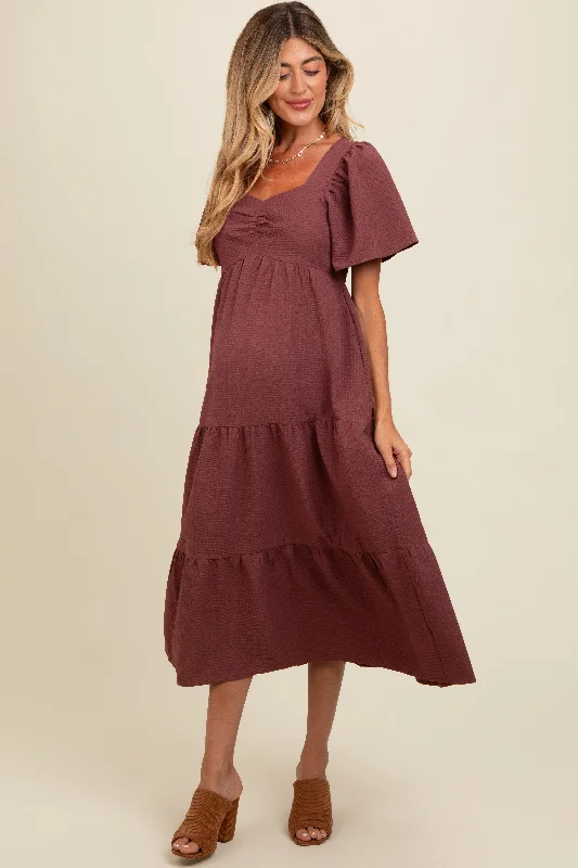 Reduced Prices Burgundy Sweetheart Neck Short Puff Sleeve Tiered Maternity Midi Dress