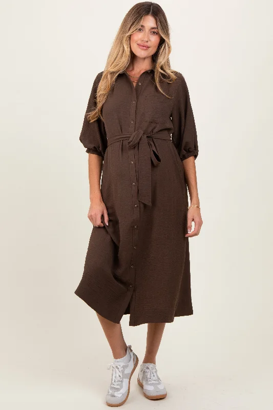 Limited Quantity Brown Sash Tie Maternity Midi Shirt Dress