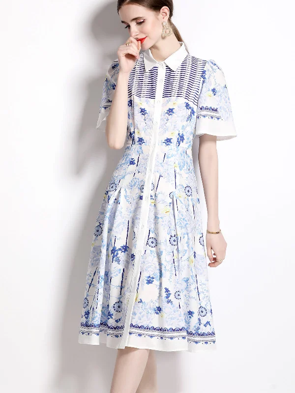 Markdowns Shirt Collar Short Sleeves Floral Printed Swing Midi Vintage Dress