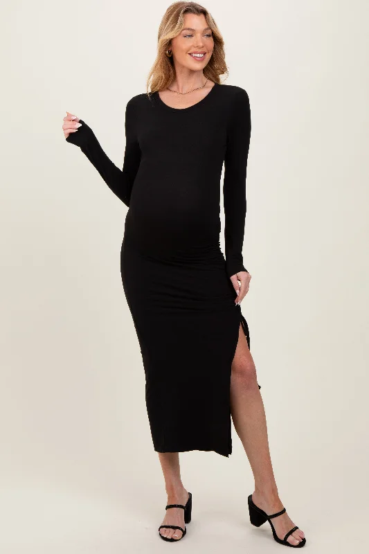 Loyalty Reward Black Ruched Tie Side Slit Maternity Midi Dress