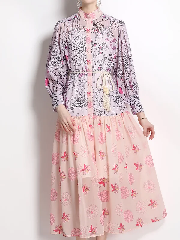 Deep Discounts Macaron Color Romantic Flower Print Long Sleeve With Belt Holiday Maxi Dress