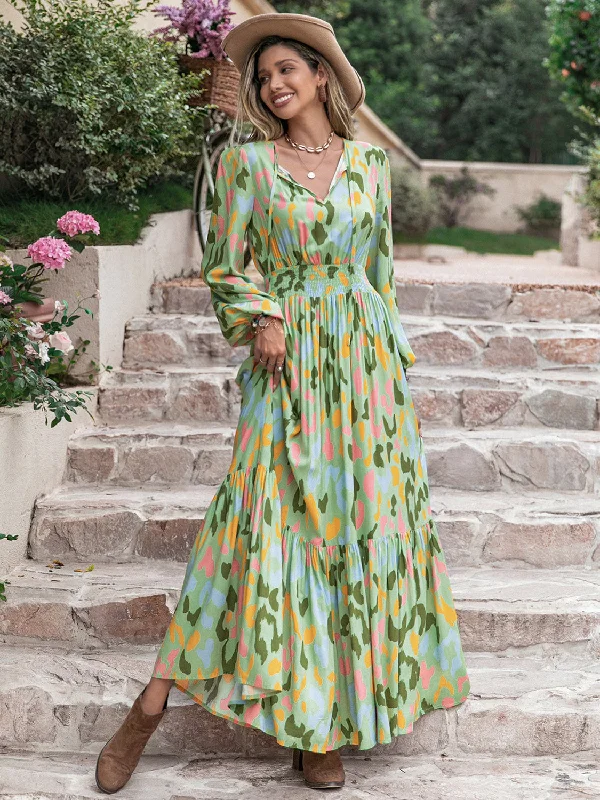 Get It Before It’s Gone Printed Tie Neck Long Sleeve Maxi Dress
