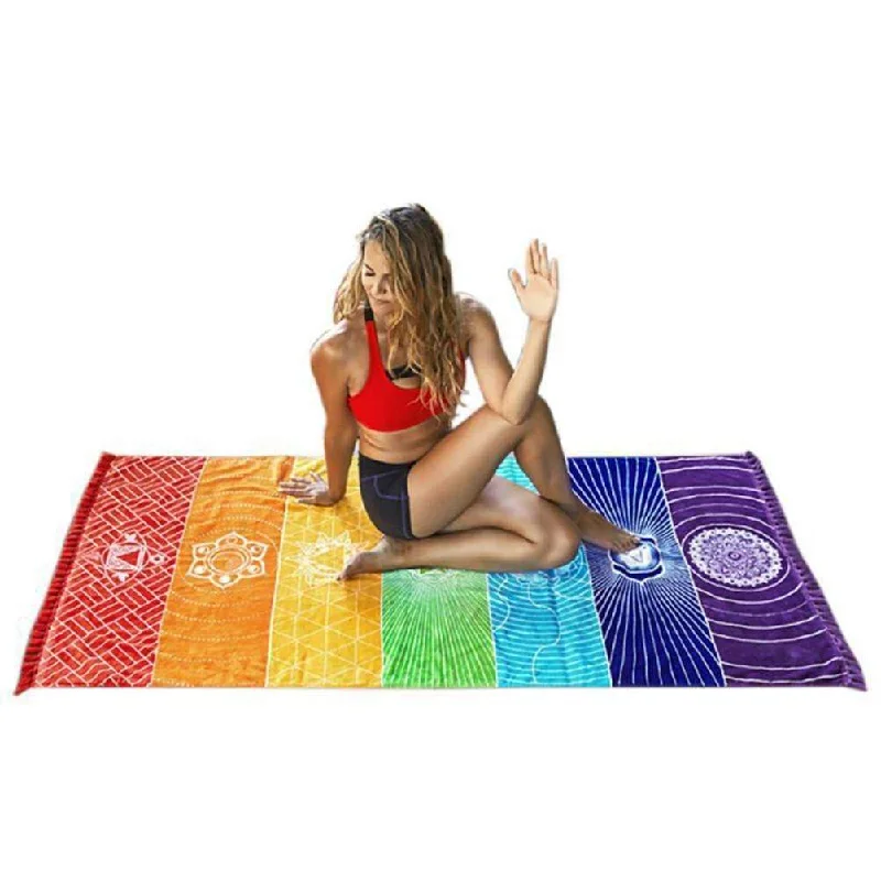 Rainbow Beach Mat Square Beach Towel Foldable Yoga Mats with Tassels for Picnic Beach Taveling Camping Hiking